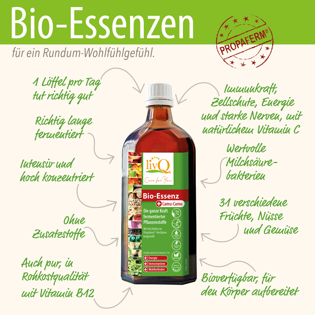 Bio-Essenzen von livQ, viele Zutaten, lange fermentiert. Das Bild zeigt die Flasche Essenz und Argumente für die Kaufentscheidung.