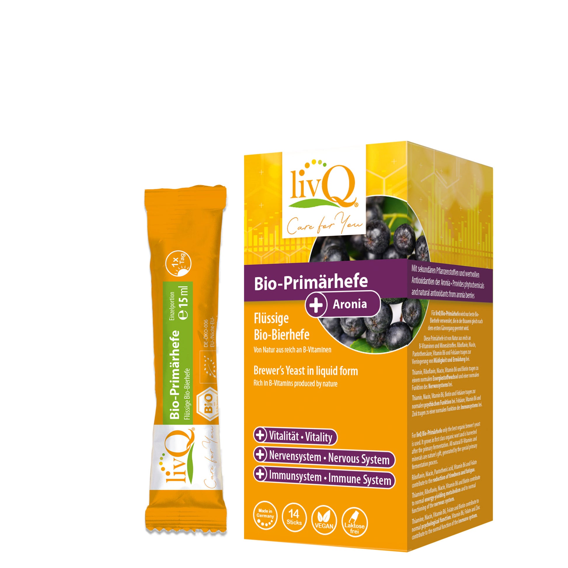 Bio-Bierhefe, natürliche B-Vitamine, flüssig. Mit dem Saft der Aroniabeere fruchtig frisch.